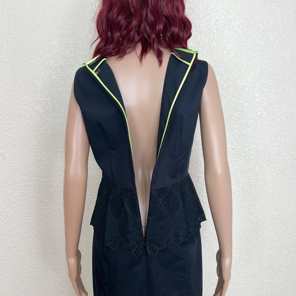 Elie Tahari Peplum Eyelet Dress Womens size 6 Black Neon Yellow Trim Knee Length - Picture 2 of 11